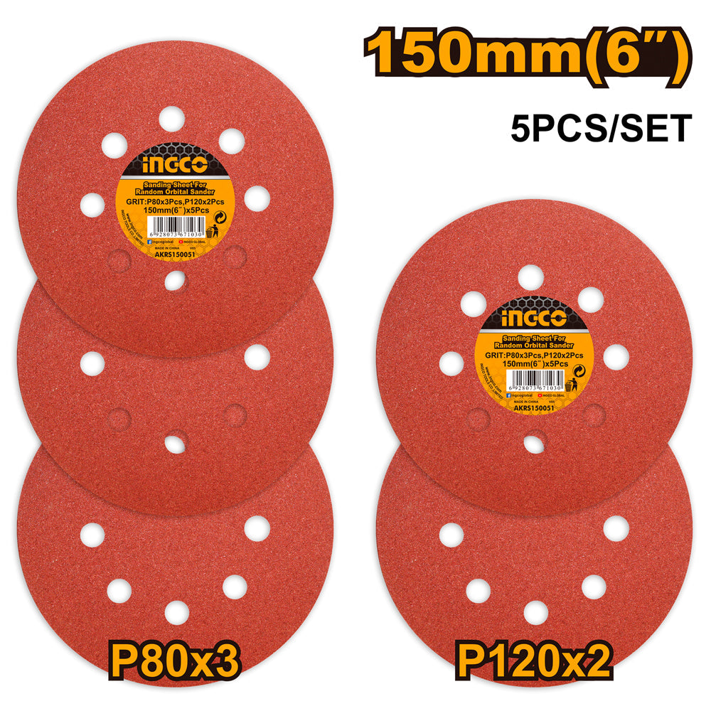 INGCO JEU FEUILLES ABRASIVES PONCEUSE ORBITALE 5PCS 150M  