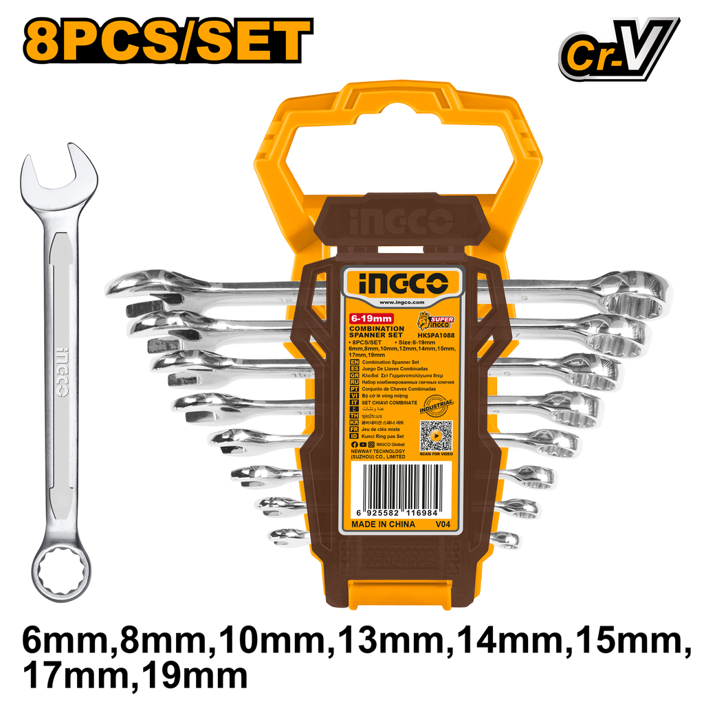 INGCO JEU DE 8 CLES MIXTES 6MM A 19MM [HKSPA1088]