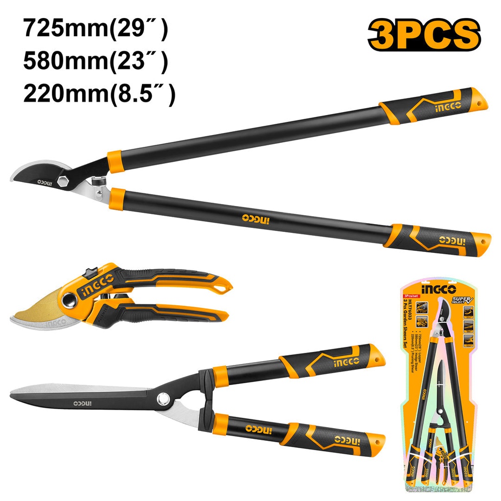 INGCO JEU 3PCS JARDINAGE SECATEUR/CISAILLE/COUPEBRANCHES [HLT76033]