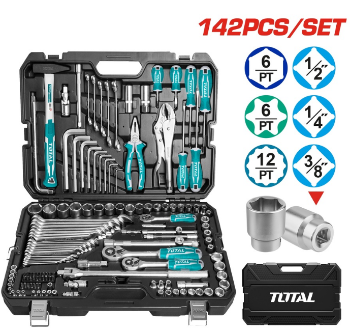 TOTAL ENSEMBLE D'OUTILS COMBINÉS DE 142 PIÈCES 