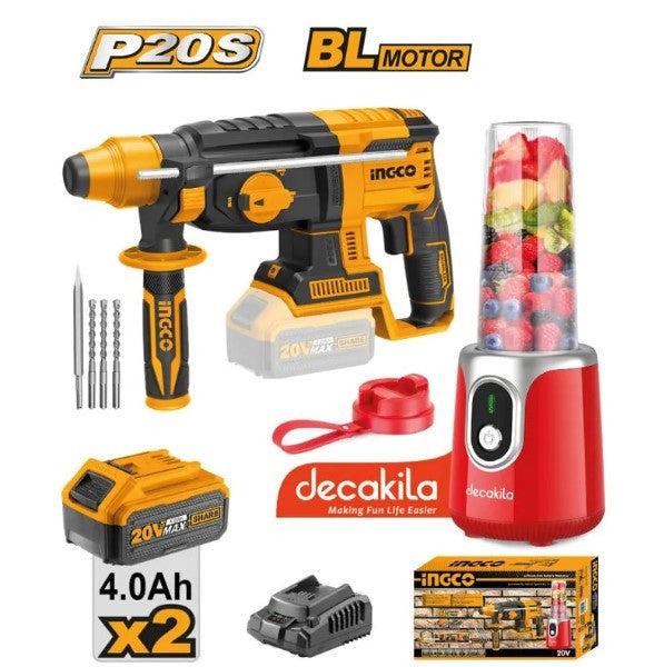 INGCO MARTEAU DE PERFORATEUR 20V + 2 BATTERIE 4 AH + DEC  