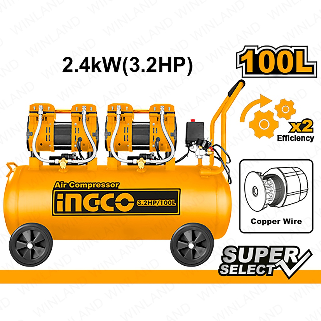 INGCO COMPRESSEUR SILENCIEUX 100L 2×1200W （3.2HP) NR [ACS2241001]
