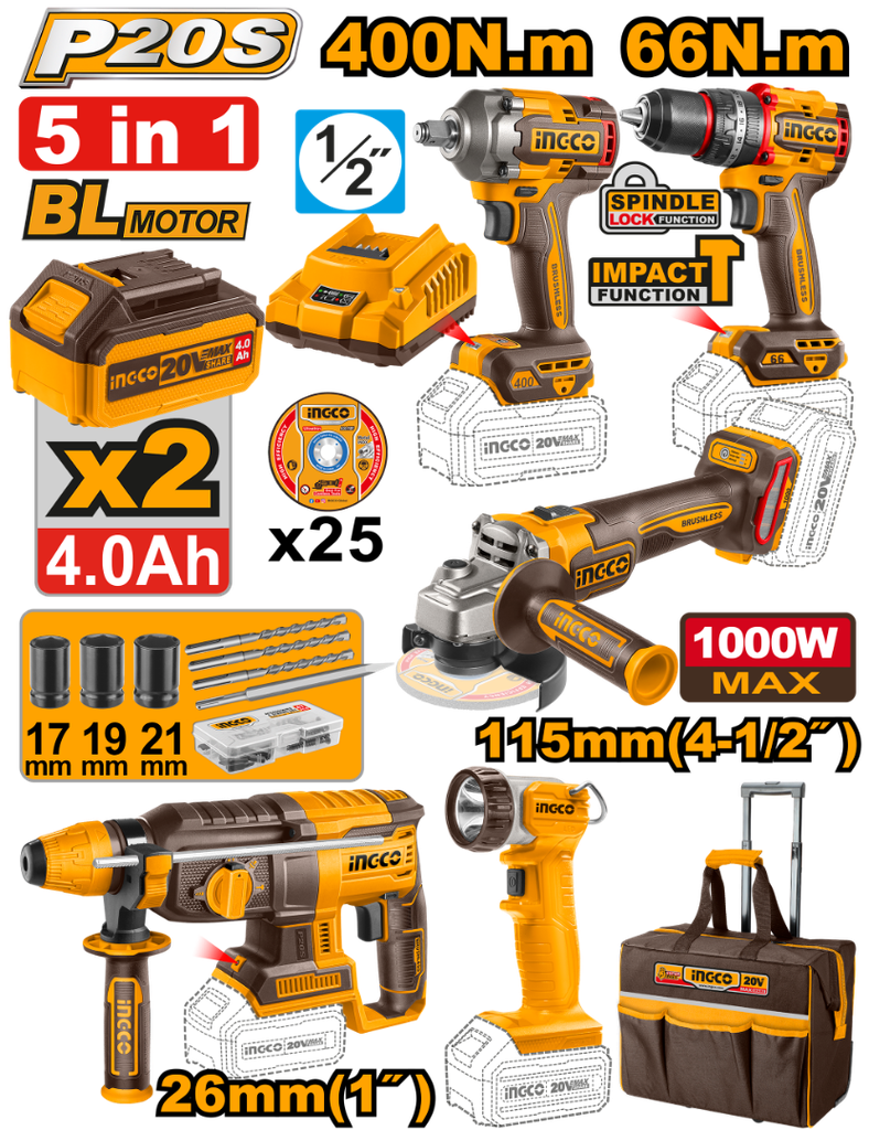 INGCO PACK VALISE 5 MACHINES INDUSTRIELLES 20V 4AH + ACC  