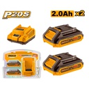 INGCO PACK 2 BATTERIES 20V 2AH + CHARGEUR RAPIDE SI [FBCPK2212]