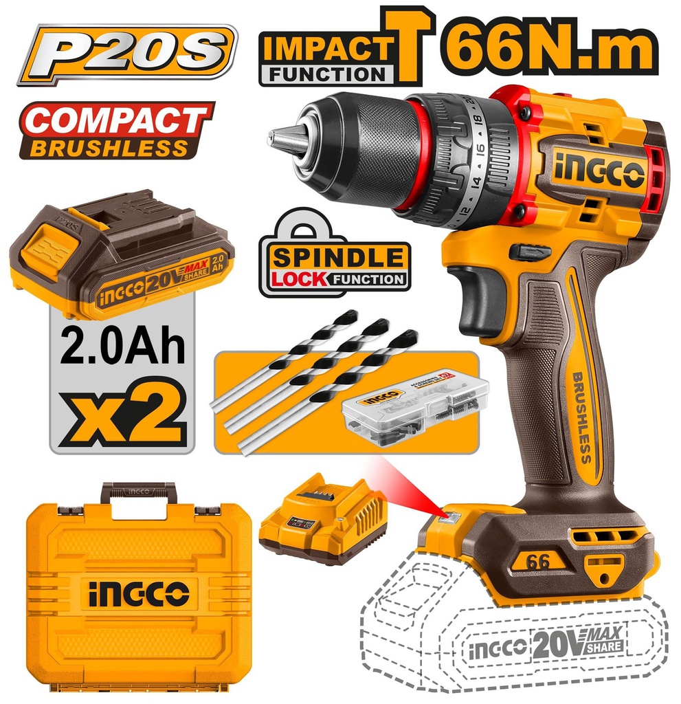 INGCO PERCEUSE VISSEUSE 20V 60NM 2 BATT SANS CHARBONS SI  