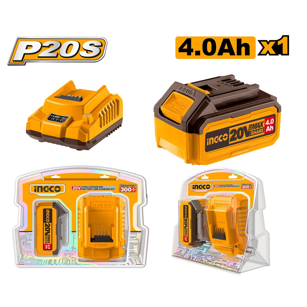 INGCO PACK 1 BATTERIE 20V 4AH + 1 CHARGEUR RAPIDE SI  
