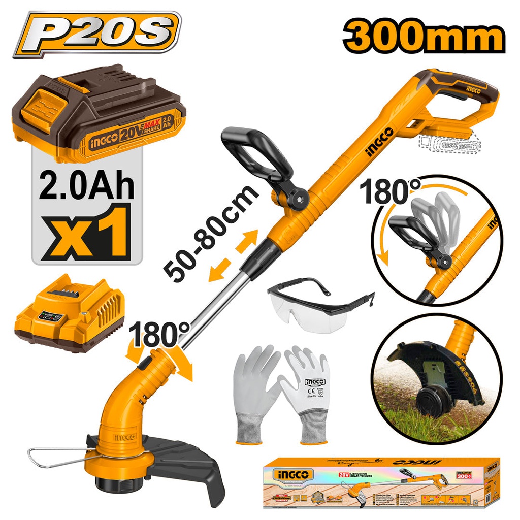 INGCO PACK DEBROUSSAILLEUSE 20V+BATTERIE+CHARGEUR  