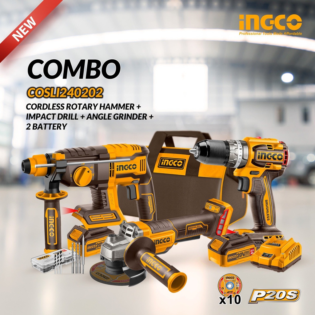INGCO PACK COMBO 20V BRUSHLESS 3 MACHINES  
