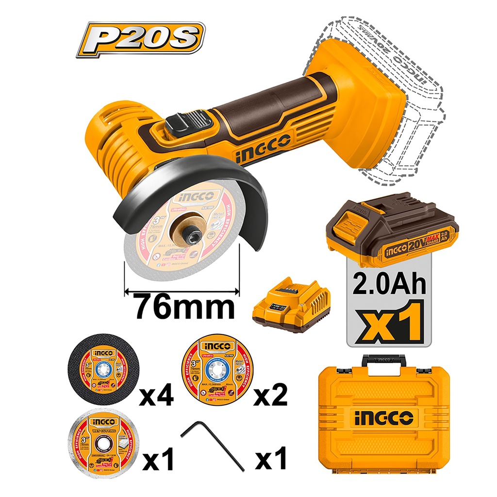 INGCO MALETTE MINI MEULEUSE 76MM 20V 1BATT 7 DISCS INGCO [CAGLI76012]
