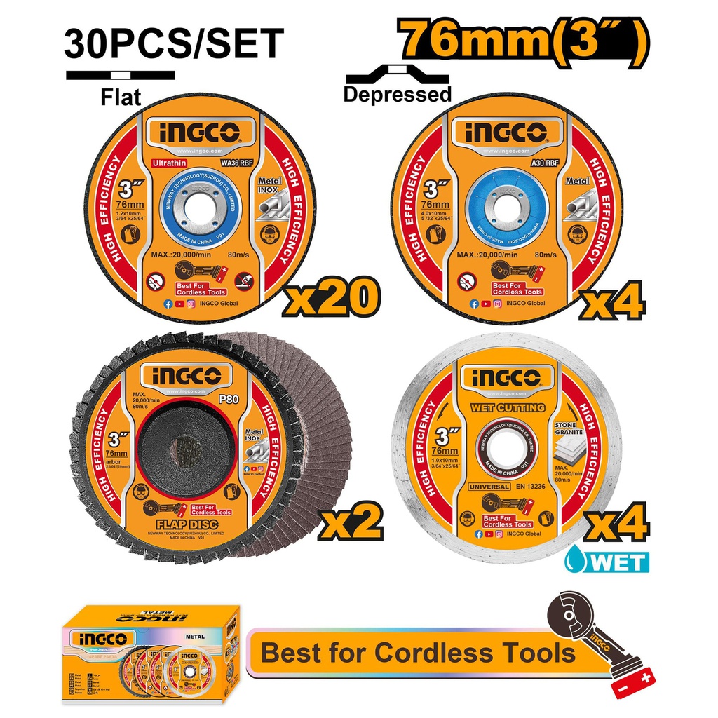 INGCO JEU 30PCS DISQUES DE COUPE ET MEULAGE 76MM  