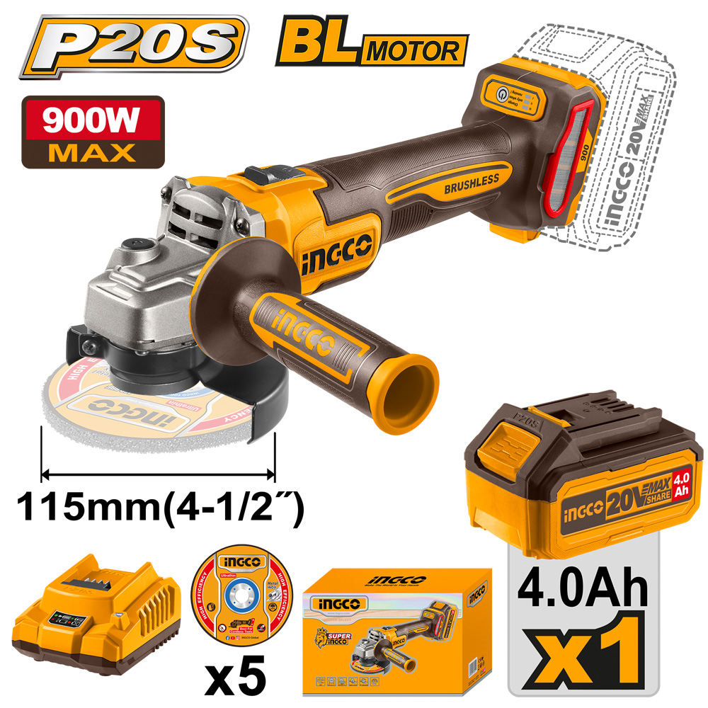 INGCO MEULEUSE 115MM 20V + 1BATT 4AH  