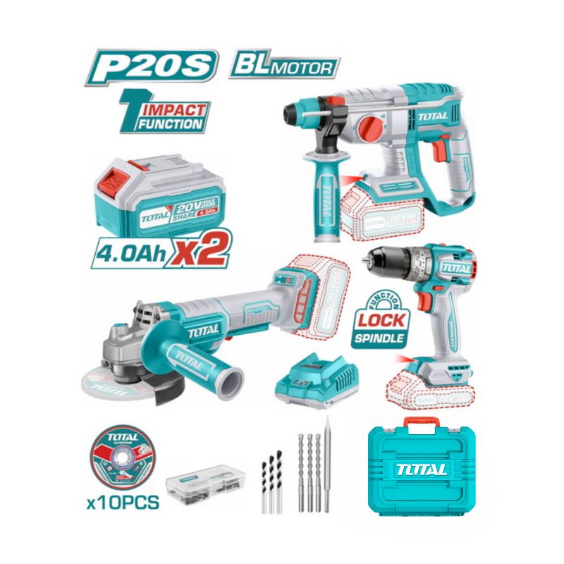TOTAL PACK 20V PERFORATEUR+PERCEUS+MEULEUSE 2 BATT 4.0AH 