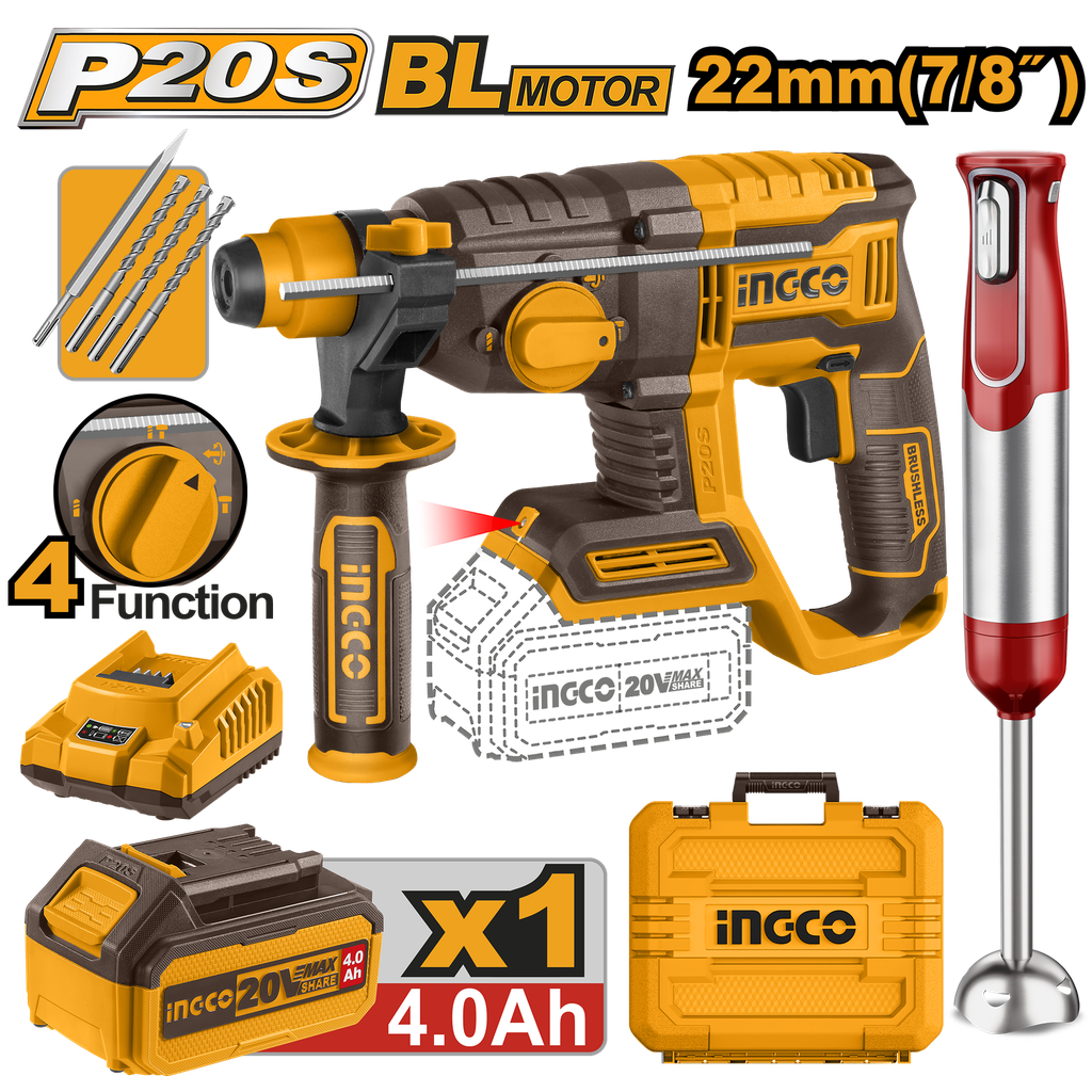 INGCO PACK MARTEAU PERFORATEUR 22MM 20V/MIXEUR PLONGEANT  