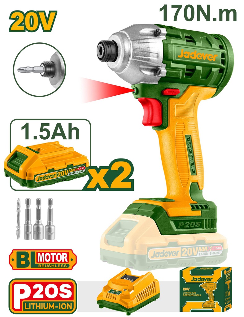 JADEVER VISSEUSE À PERCUSSION SANS FIL 20V ( 2 BAT + 1 CHARGEUR )  
