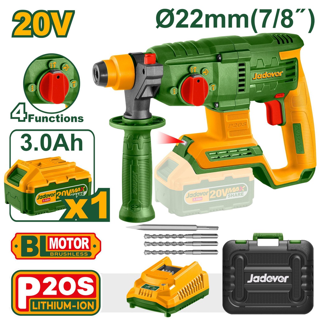 JADEVER MARTEAU PERFORATEUR SANS FIL 20V (1 BATTERIE 3,0AH ET CHARGEUR)  