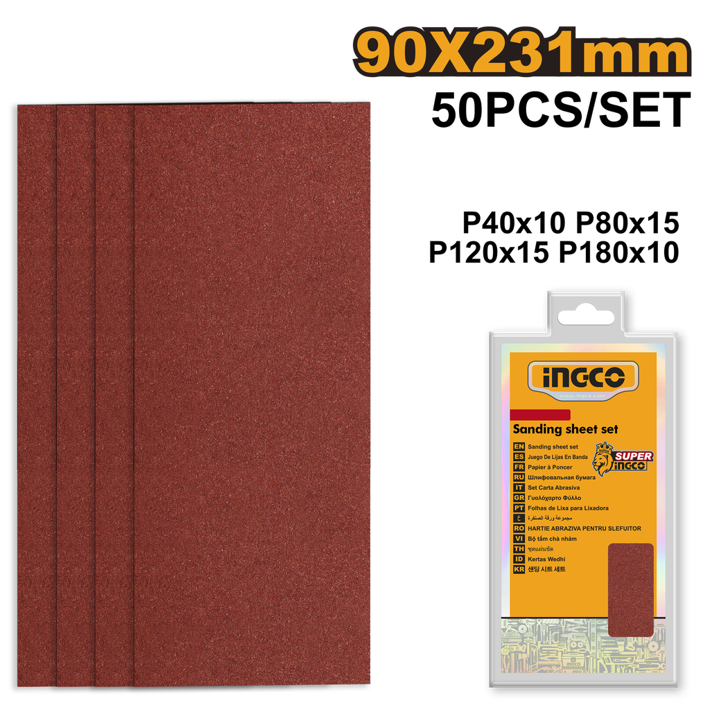 INGCO JEU FEUILLES ABRASIVES PONCAGE 50PCS 90*231MM NR  
