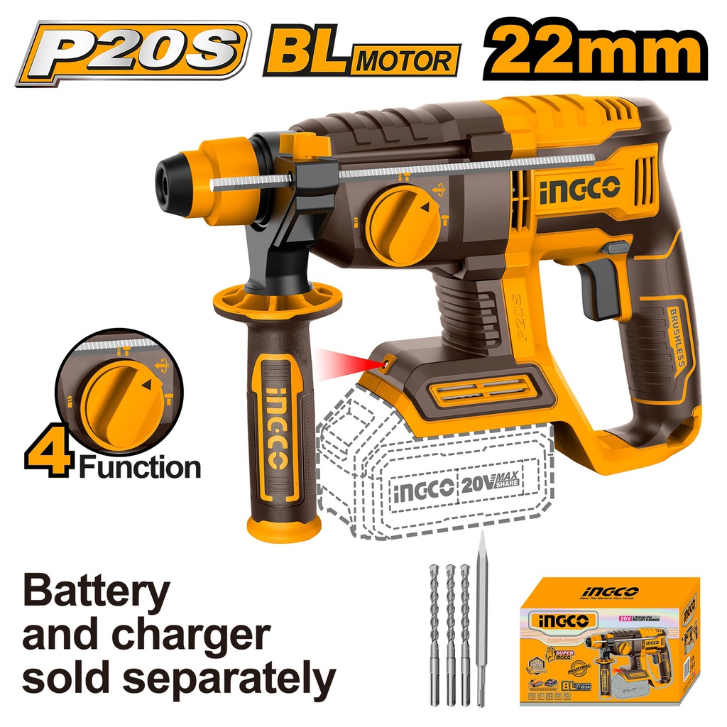 INGCO MARTEAU PERFORATEUR 22MM 20V + 1BATTERIE 4AH [CRHLI202081]