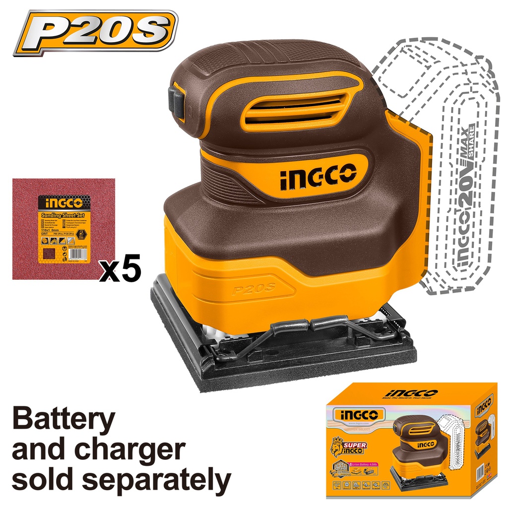 INGCO PONCEUSE VIBRANTE 20V SANS BATTERIE 110MM PLATEAU CARRÉ  