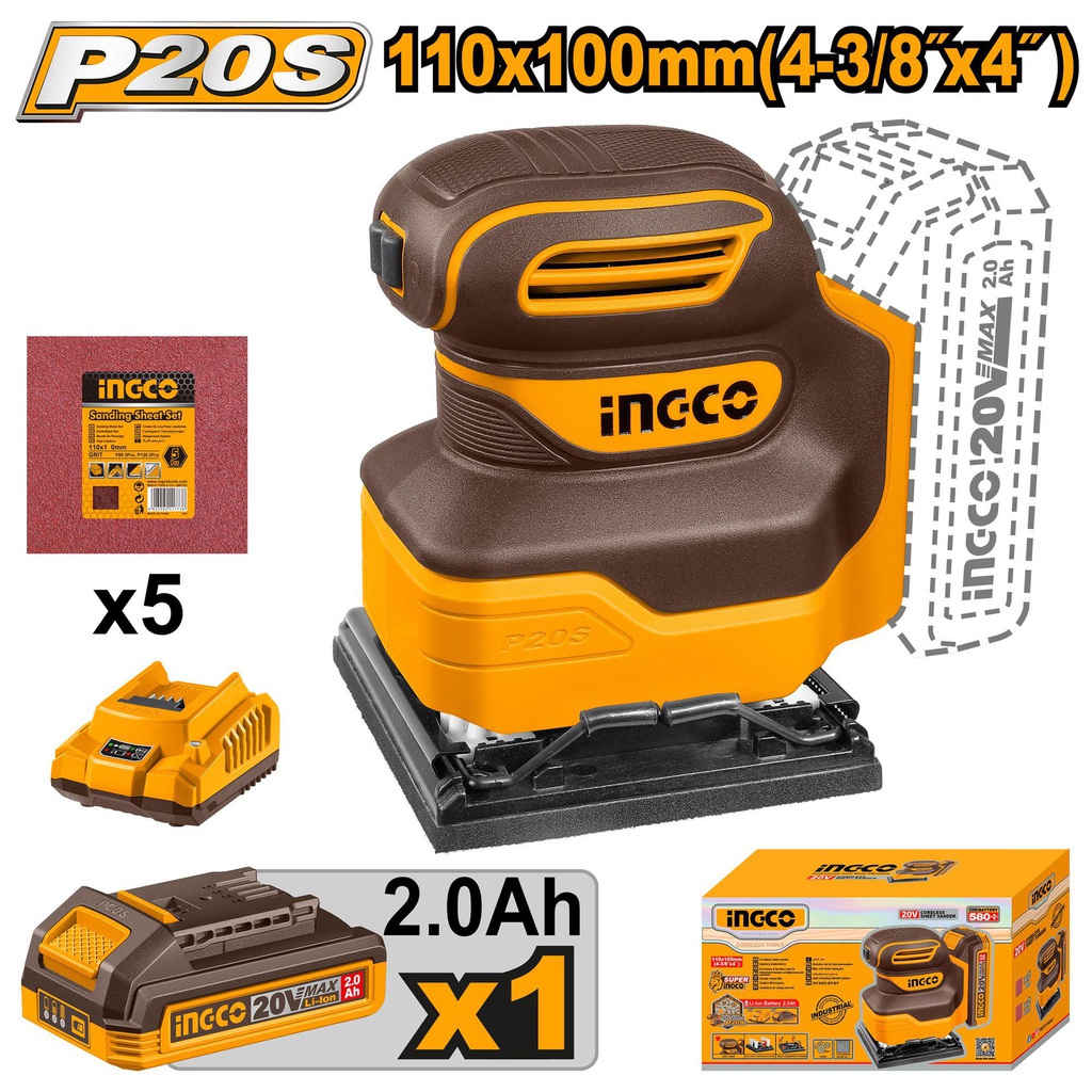 INGCO PONCEUSE VIBRANTE 20V 1 BATTERIE 110MM PLATEAU CARRÉ [CSHSLI20141]