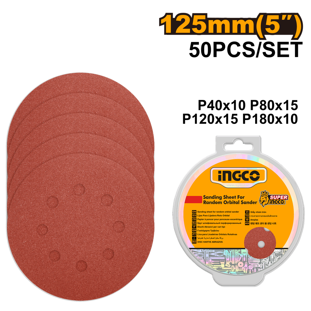 INGCO JEU DES FEUILLES ABRASIVES PONCEUSE ORBITALE 50PCS 125MM  