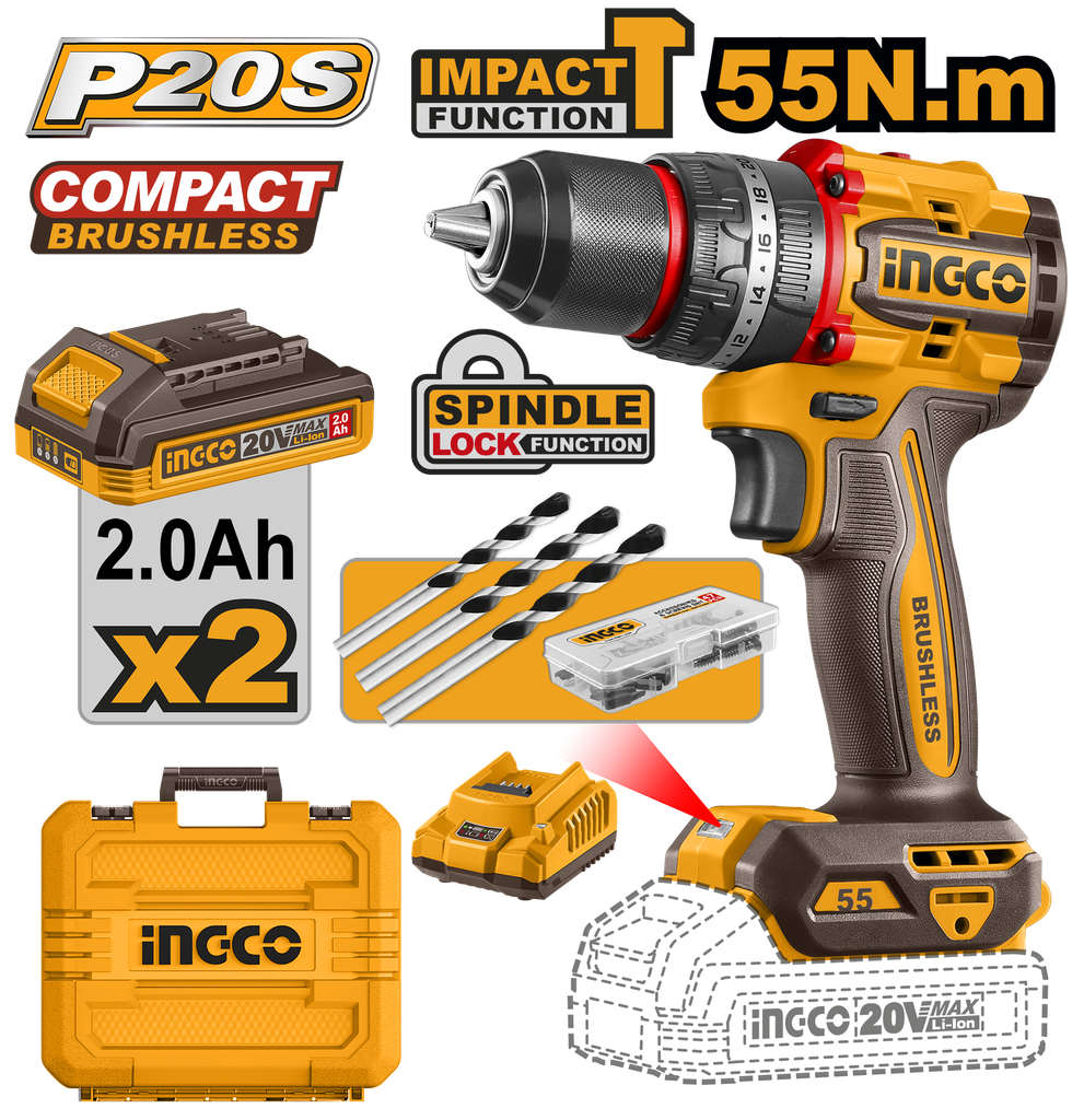 INGCO PERCEUSE VISSEUSE BRUSHLESS 20V+47 ACC 55NM- 