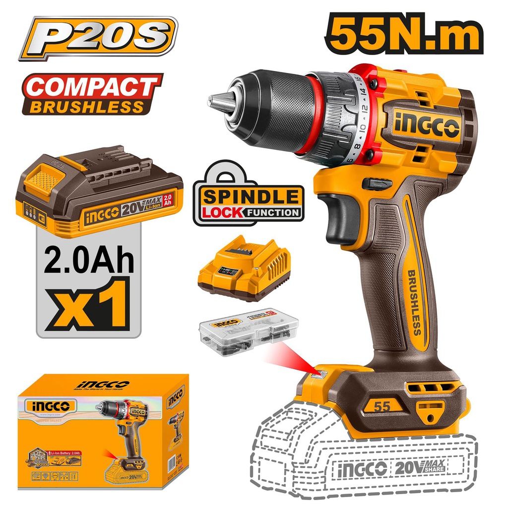 INGCO VISSEUSE BRUSHLESS 20V+47 ACC 55 N/M -[CDLI205581]