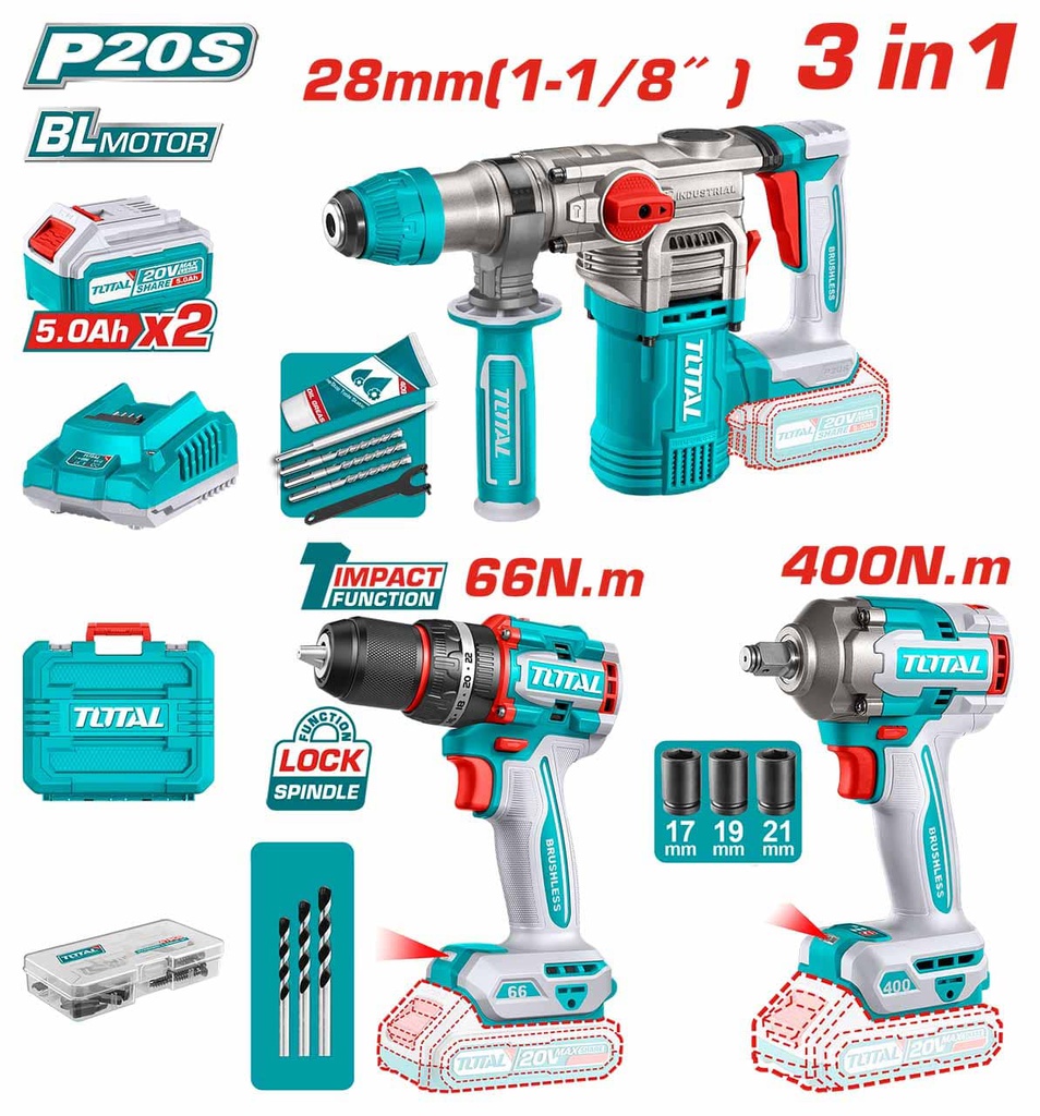 TOTAL PACK MARTEAU PERFORATEUR+BOULONNEUSE+VISSEUSE [TCKLI20638]