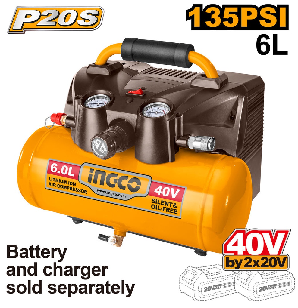 INGCO COMPRESSEUR SANS FIL BATTERIE 6L BATTERIE ET CHARGEUR NON INCLUS   