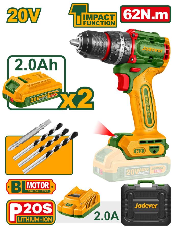 JADEVER PERCEUSE À PERCUSSION COMPACTE SANS FIL SANS BALAIS [JDCDP6281]