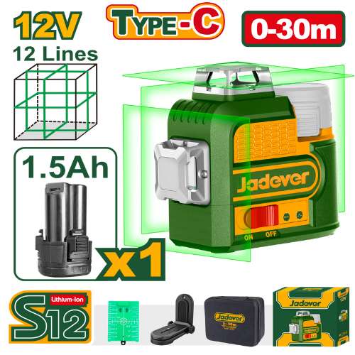 JADEVER NIVEAU LASER 3D 12 LIGNES VERT A BATTERIE 12V  