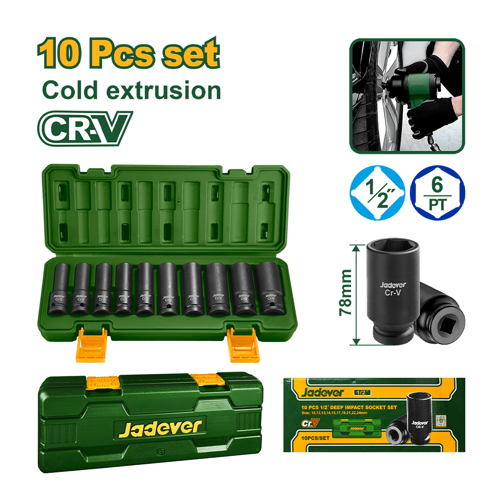 JADEVER JEU DE 10 DOUILLES A CHOC 1/2 LONG  