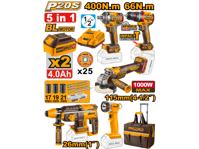 INGCO PACK VALISE DE 5 MACHINES 20V  