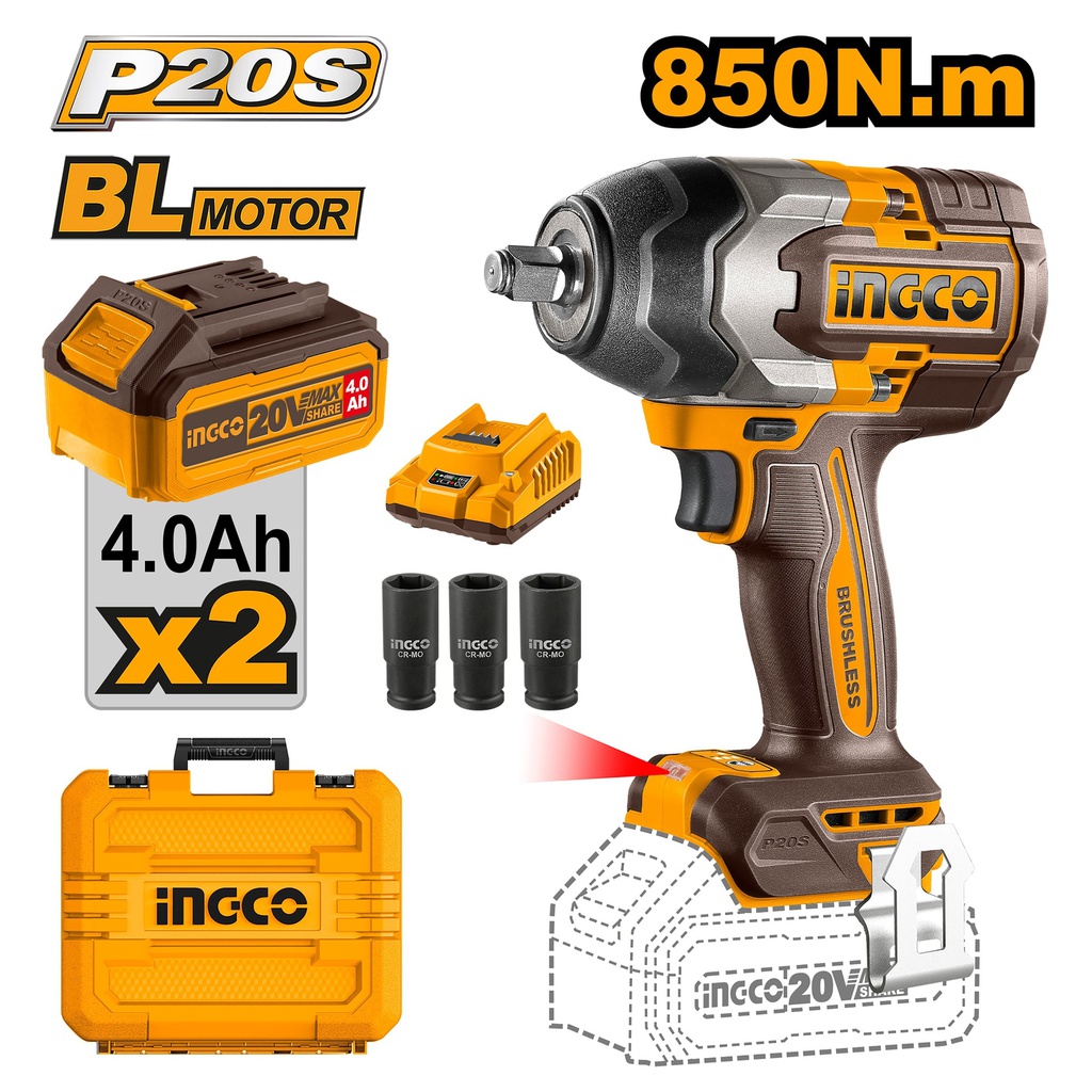 INGCO BOULONNEUSE A CHOC 850NM BRUSHLESS 20V+2BAT  [CIWLI2085]
