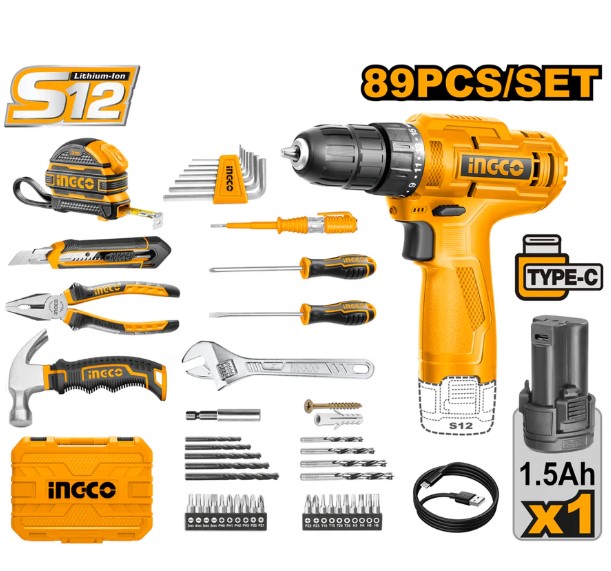 INGCO COFFRET VISSEUSE 12V +89 PCS 1 BAT 1.5AH  