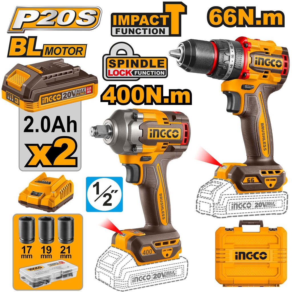 INGCO PACK 2 MACHINES VISSEUSE BRUSHLESS 66NM + BOULONNEUSE 20V [CKLI20276]