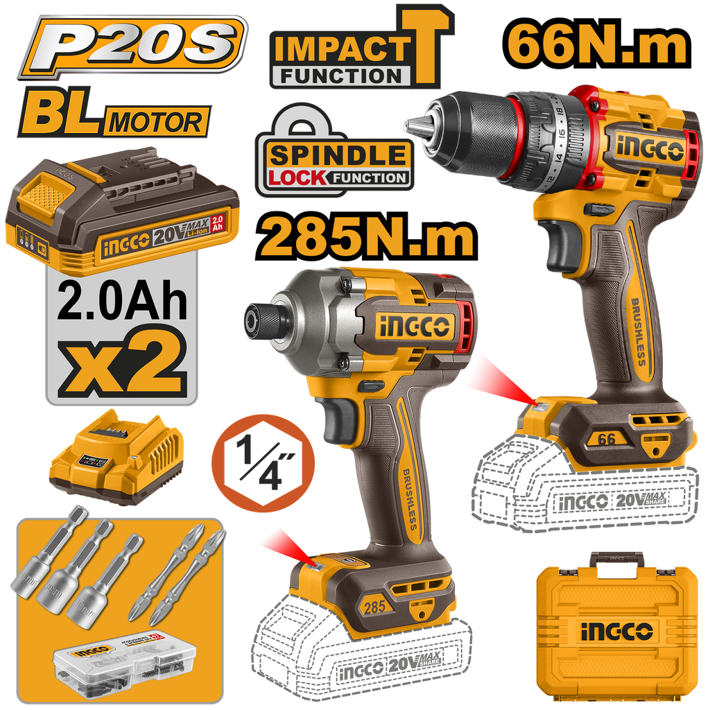 INGCO PACK VISSEUSE 20V 66NM ET VISSEUSE A CHOC 20V NR [CKLI20277]