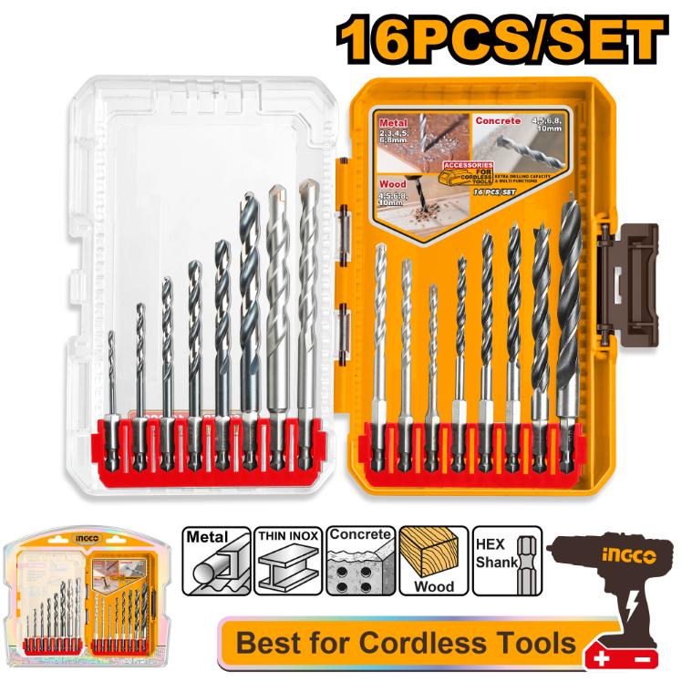 INGCO JEU DE 16 FORET VISSEUSE METAL-BOIS-BETON  