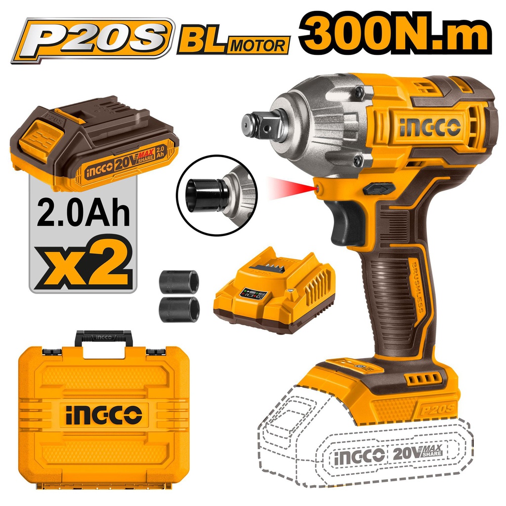 INGCO BOULONNEUSE A CHOC 300NM SANS CHARBON 20V+2 BAT[CIWLI2038]
