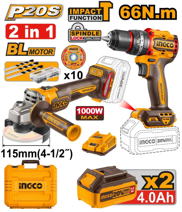 INGCO PACK 2 MACHINES MEULEUSE+VISSEUSE 66NM 20V 2X4AH  
