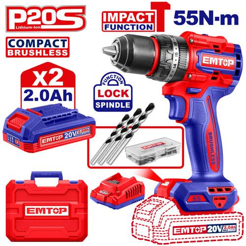 EMTOP PERCEUSE/VISSEUSE À PERCUSION SANS FIL 20V  55NM + 2 BATTERIES 2.0AH 