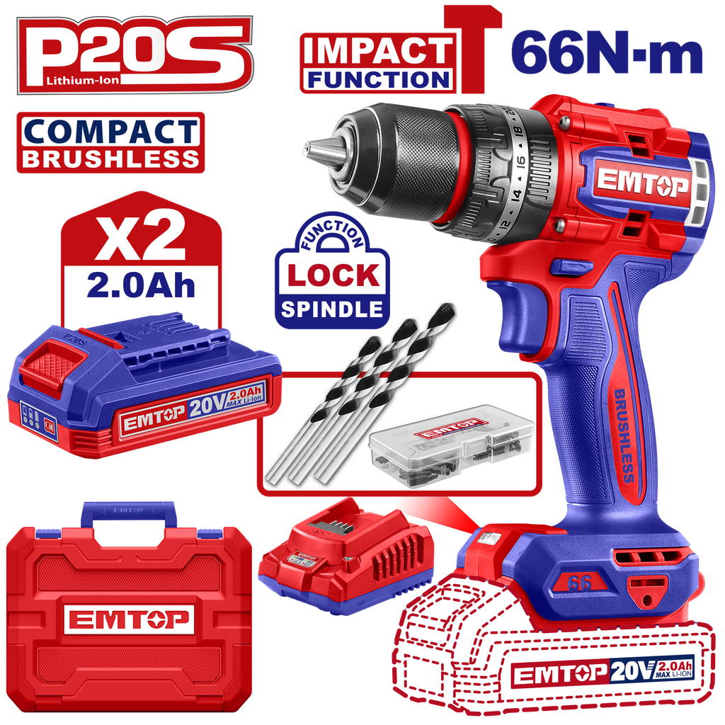 EMTOP PERCEUSE/VISSEUSE À PERCUSION SANS FIL 20V 66NM + 2 BATTERIES 2.0AH [ECIDL20668]