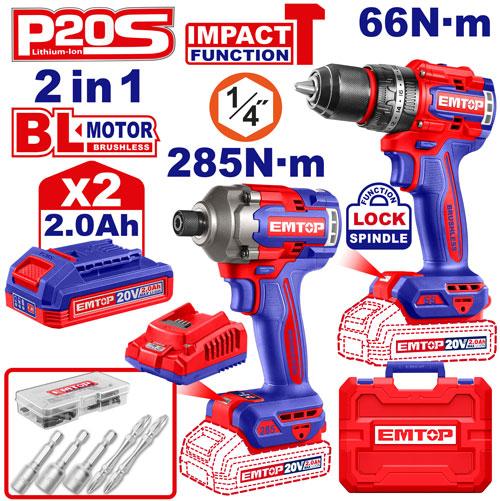 EMTOP PACK PERCEUSE À PERCUSSION 66NM + VISSEUSE À CHOC 285NM + 2 BATTERIES 2.0AH [ECKL20277]