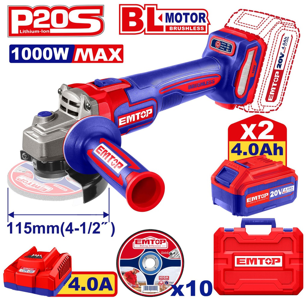 EMTOP MEULEUSE 115MM 1000W SANS FIL 20V + 2 BATTERIES 4.0AH 