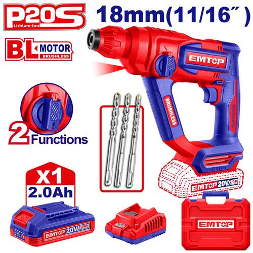 EMTOP MARTEAU PERFORATEUR 18MM SANS FIL 20V + BATTERIE 2.0AH [ELRH201881]