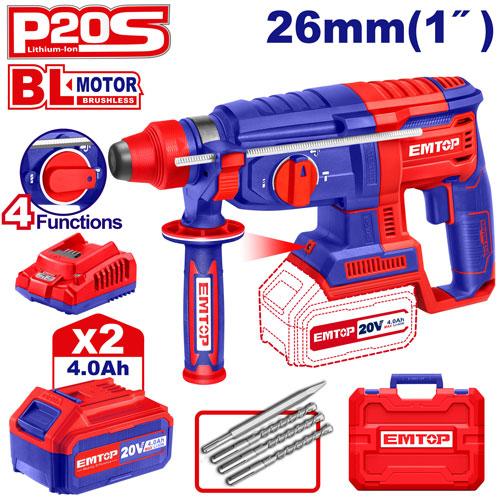 EMTOP MARTEAU PERFORATEUR 26MM SANS FIL 20V + 2 BATTERIES 4.0AH 