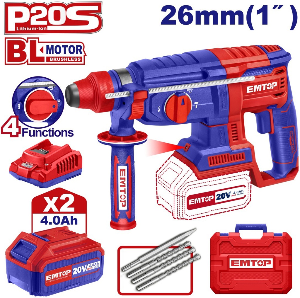EMTOP MARTEAU PERFORATEUR 26MM SANS FIL 20V + 2 BATTERIES 4.0AH 