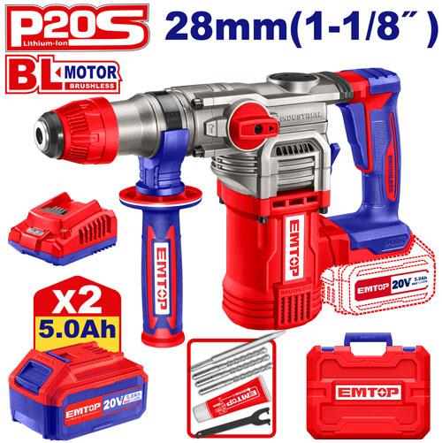 EMTOP MARTEAU PERFORATEUR 28MM SANS FIL 20V + 2 BATTERIES 5.0AH 