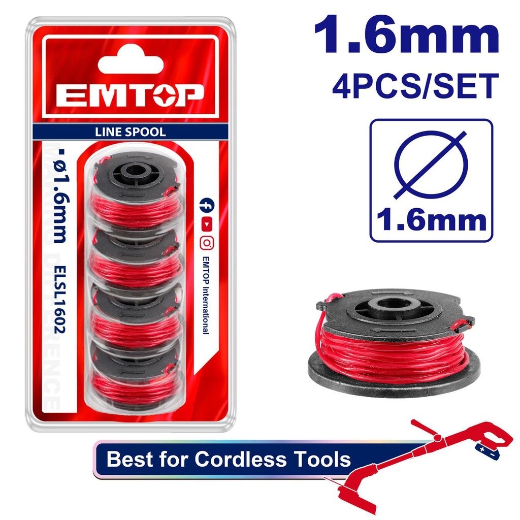 EMTOP JEU DE 4 BOBINES DE FIL COUPE BORDURE Ø1,6MM - LONG 5M  [ELSL1602]