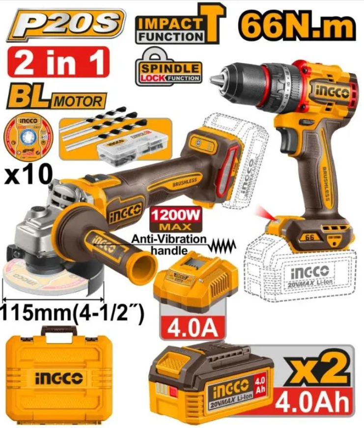 INGCO PACK 2 MACHINES MEULEUSE 1200W+VISSEUSE 66NM 20V 2X4AH [CKLI20256]