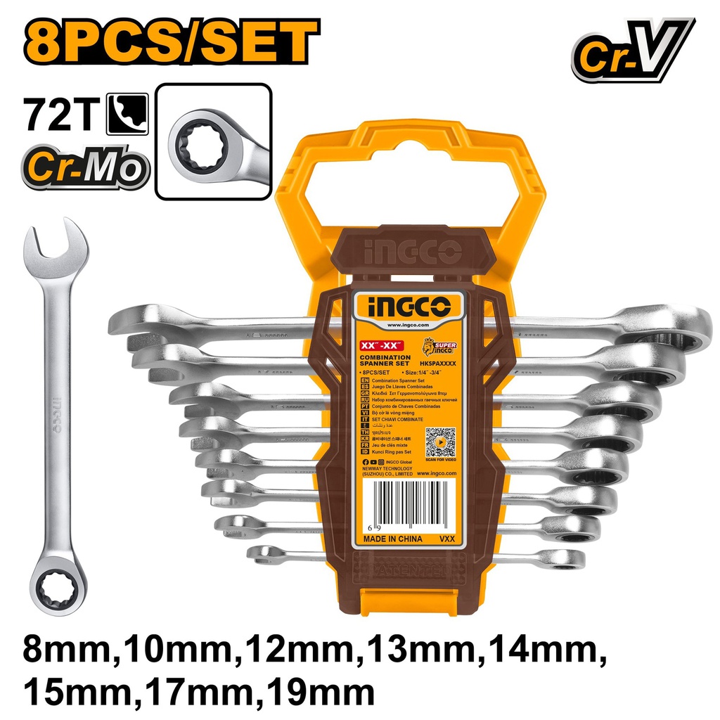 INGCO JEU DE 8 CLES A CLIQUET 8MM A 19MM  